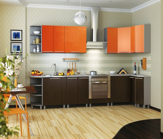 Особенности дизайна коричнево-оранжевой кухни