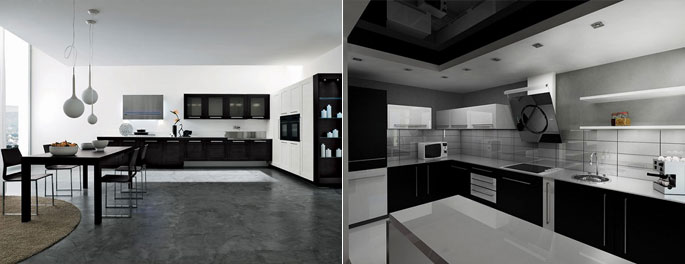 Для отделки потолка черно-белой кухни используют как светлые, так и темные тона