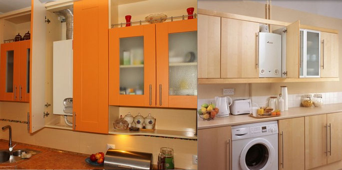 Для того чтобы дизайн кухни с газовой колонкой был целостным рекомендуется заказывать шкафчик вместе с прочим гарнитуром