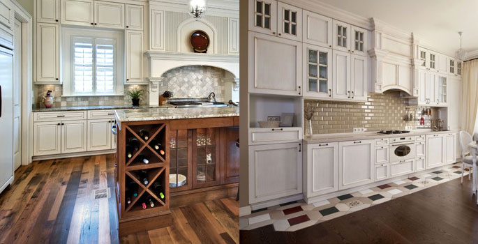 Пол для кухни классического дизайна рекомендуется делать из дерева и камня, либо их качественной имитации