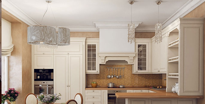 Для кухни в классическом стиле лучшим решением будет матовый или побеленный потолок