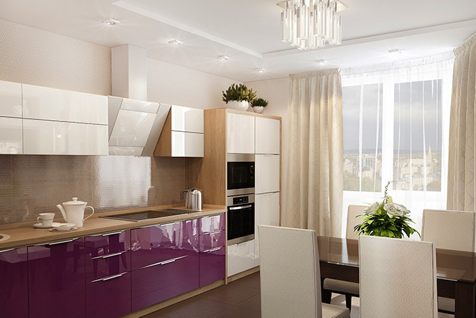 Добавление теплых бежевых оттенков в фиолетовую кухню наполняет комнату ощущением тепла