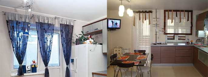 С помощью правильно подобранных штор можно зрительно увеличить пространство кухни