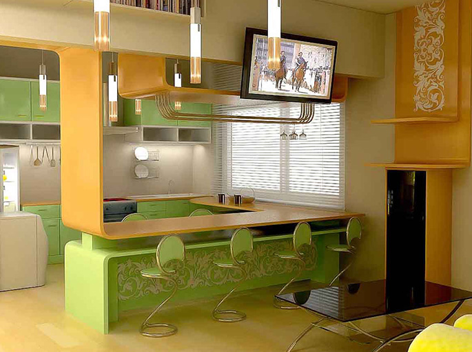 Барная стойка не только разделяет пространство, но и создает дополнительные места в кухне