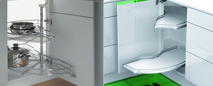 Система "карусель" позволяет рационально использовать труднодоступные места в угловых подвесных или напольных шкафах